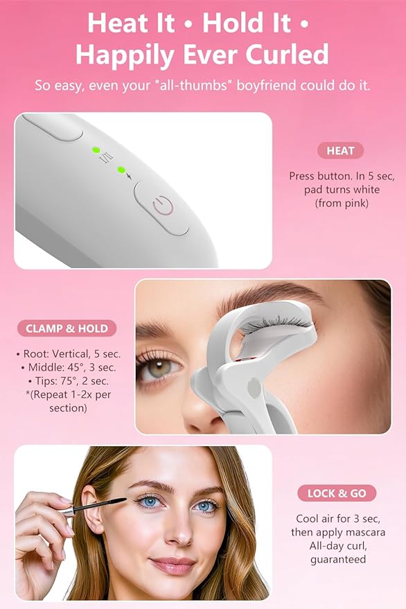 KOKABI Rechargeable Heated Eyelash Curler: Fast 5s Heat up, 24 Hours Long Lasting, Electric Lash Curler with Temperature Control, Safe Anti-Burn Eye Lash Curler, Quick Natural Curling Lashes (White)