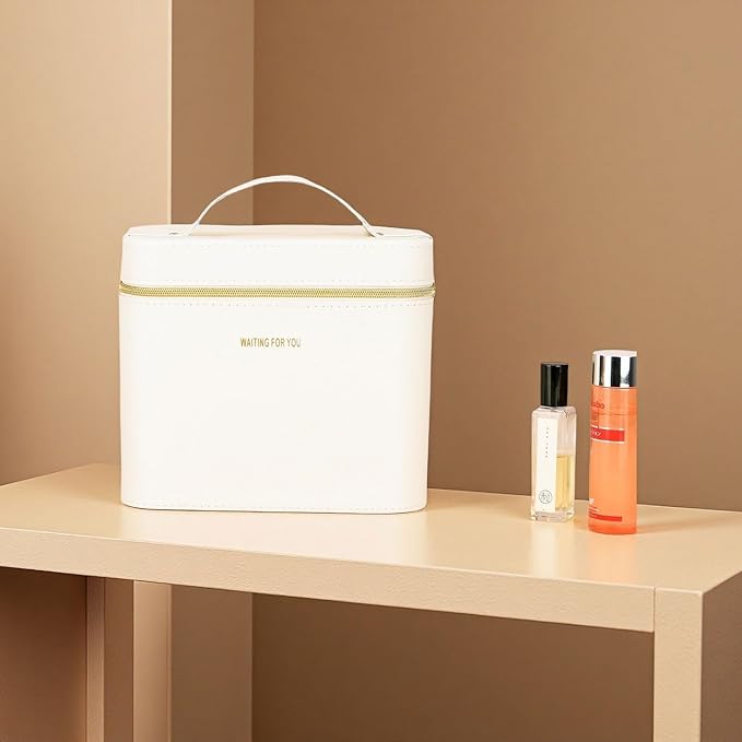 Luxury Fashion makeup box, Portable leather hard cosmetic case with mirror, Sturdy train case make up box for women adults. (Double-white)