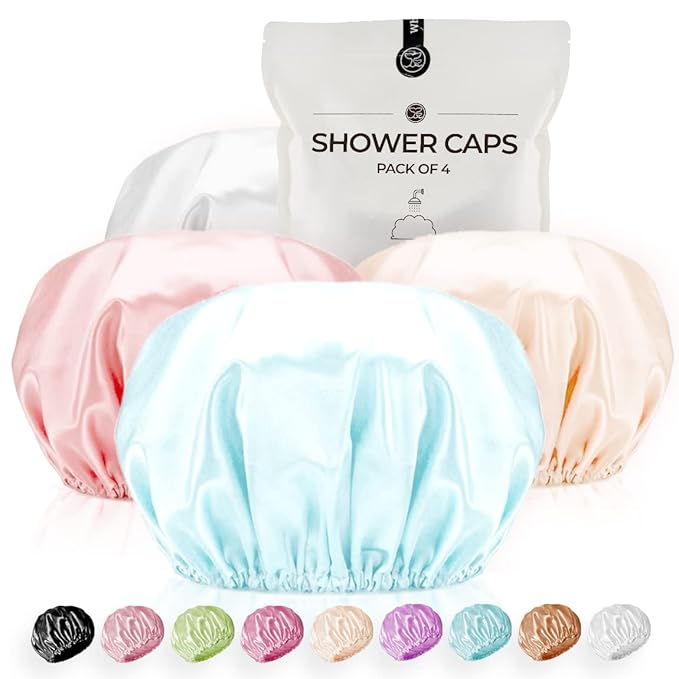 Shower Cap for Women Reusable Extra Large Shower Caps for Men Satin Double Layer EVA Waterproof Long Hair Caps(Light Grey, Light Gold, Peach Pink, Lake Blue 4 Pack)