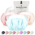 Shower Cap for Women Reusable Extra Large Shower Caps for Men Satin Double Layer EVA Waterproof Long Hair Caps(Light Grey, Light Gold, Peach Pink, Lake Blue 4 Pack)