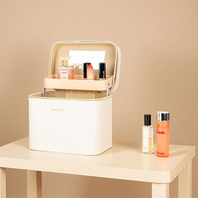 Luxury Fashion makeup box, Portable leather hard cosmetic case with mirror, Sturdy train case make up box for women adults. (Double-white)