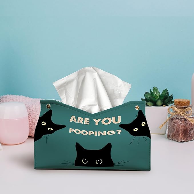 Funny Rectangle Tissue Box Cover for Bathroom, Cute Cat Tissue Box Holder, are You Pooping Funny Bathroom Decor, Vintage Green PU Facial Paper Case Cats Gifts for Cat Mom Women 9.8x5.9x5.9
