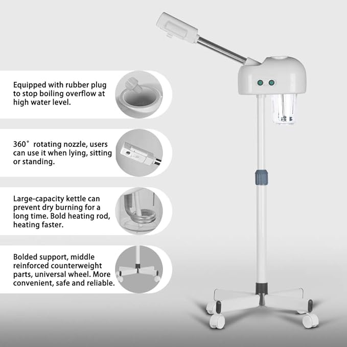 Professional Ozone Facial Steamer for Esthetician with Hot Mist, Stand Facial Steamer On Wheels, Height Adjustable & 360° Rotatable Nozzle, Home & Salon SPA