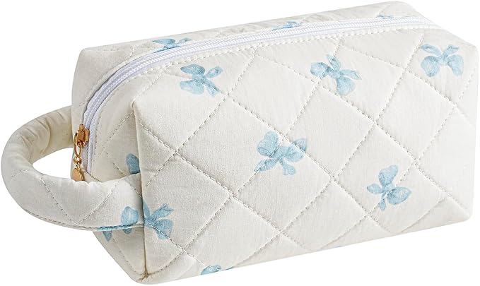 Makeup Bag Travel Cosmetic Bag for Women, Zipper Make Up Pouch, Floral Flowers Toiletry Organizer Makeup with Handle, Cosmetic Travel Cloth Bag (Blue Bow Tie)