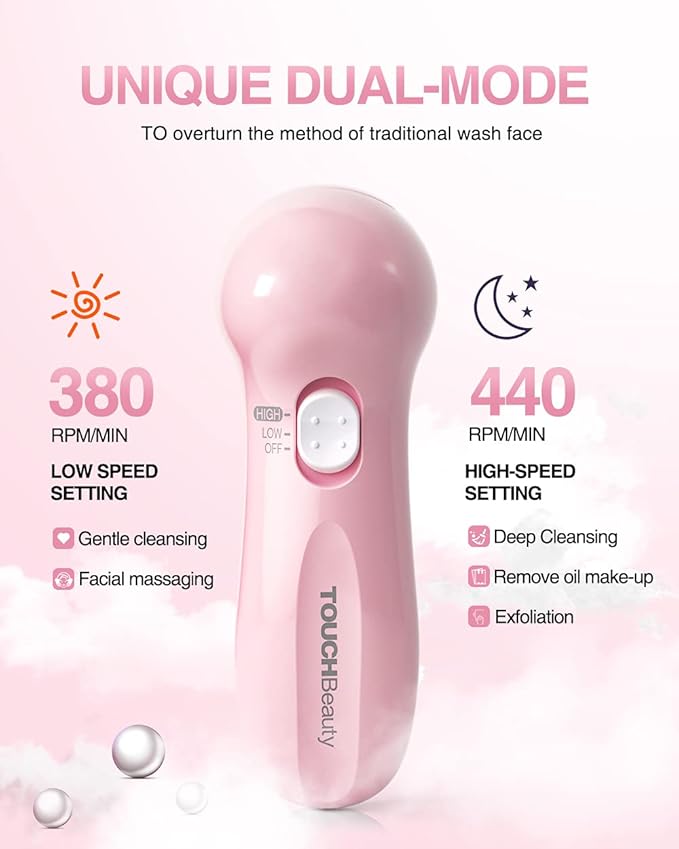 Electric Facial Cleansing Brush for Women, 3-in-1 Face Cleanser and Exfoliator Brush with 3 Brush Heads, 2 Speeds, Waterproof Spin Brush, Travel Size Case, Perfect for Valentine's Day (Pink)