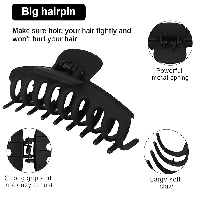 4 Pack Big Hair Claw Clips Nonslip Large Claw Clip for Women and Girls Hair,Strong Hold Grips Hair Accessories 4 Inch (Black)