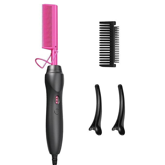 Hot Comb Hair Straightener Pressing Combs - Ceramic Electric Hair Straightening Comb, Curling Iron for Natural Black Hair Beard Wigs Holiday Gift - Pink