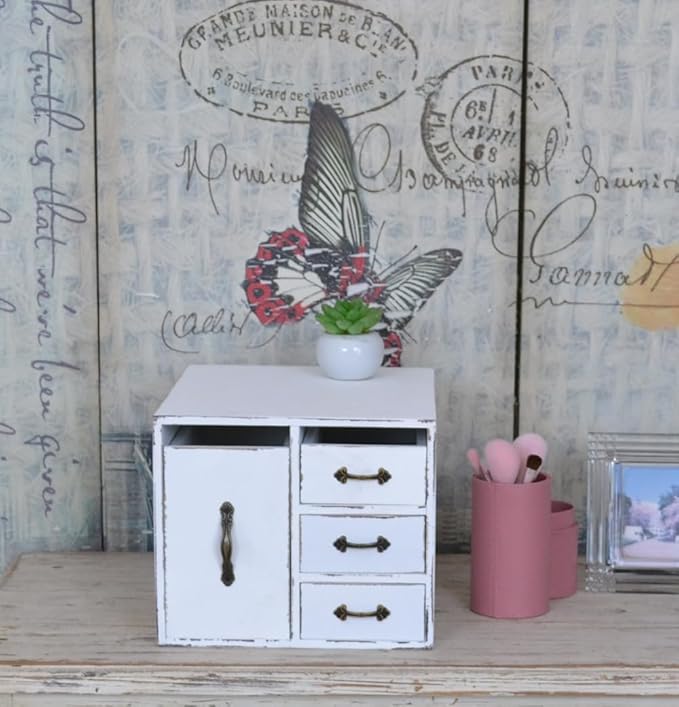 Rustic Distressed Beauty Organizer 4 Drawers - Wooden Cosmetic Storage Box for Neat & Home Office Desk &Organize &Storing of Makeup holder Tools,Bathroom Counter-top (Rustic White, L)