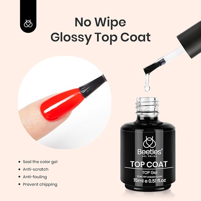 Beetles 3Pcs 15ml Base Gel & No Wipe Top Coat Nail Polish Matte Coat Set, Shine Finish and Long Lasting, Soak Off LED Nail Lamp Art DIY Design Gifts for Women Her