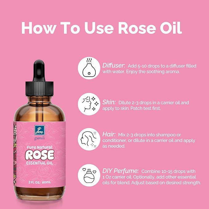 Rose Essential Oil for Face, Hair, Body, Skin, Aromatherapy, Essential Oils Diffuser, DIY Blends - 2 Oz