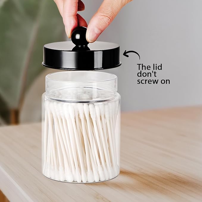 Amolliar Apothecary Jars Bathroom Vanity Storage Organizer Set -Countertop Canister Plastic Acrylic Jar - Farmhouse Decor Qtip Holder for Cotton Swabs,Makeup Sponges,Flossers,Paper Clips-Black (6)