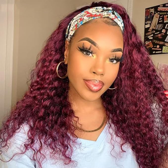 XSY Headband Wig Human Hair 99J Burgundy Deep Wave Headband Wig 16 Inch Red Colored Curly Headband Wig Glueless No Lace Front Wig Brazilian Virgin Human Hair Wigs for Black Women 150% Density