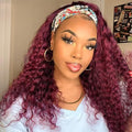 XSY Headband Wig Human Hair 99J Burgundy Deep Wave Headband Wig 16 Inch Red Colored Curly Headband Wig Glueless No Lace Front Wig Brazilian Virgin Human Hair Wigs for Black Women 150% Density