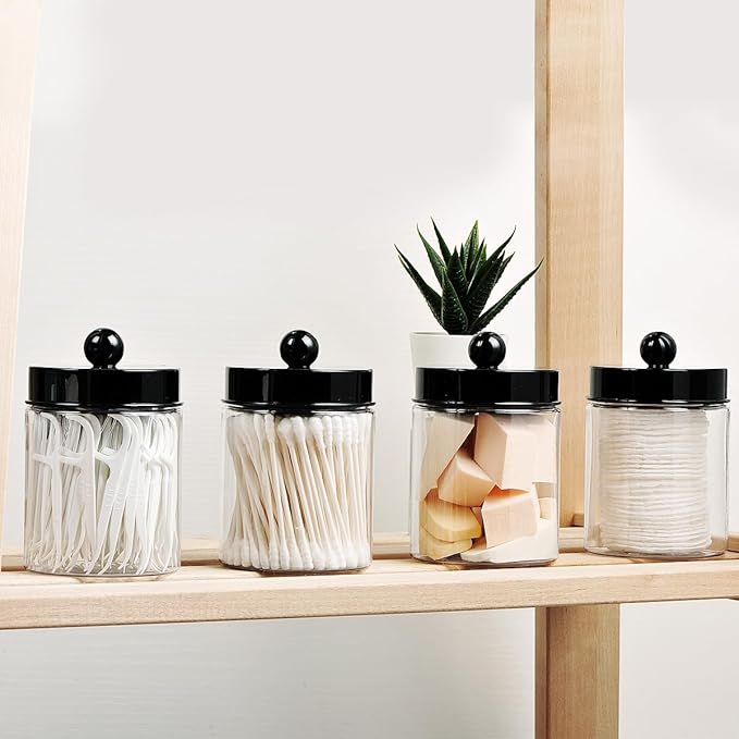 Amolliar Apothecary Jars Bathroom Vanity Storage Organizer Set -Countertop Canister Plastic Acrylic Jar - Farmhouse Decor Qtip Holder for Cotton Swabs,Makeup Sponges,Flossers ,Paper Clips-Black (4)