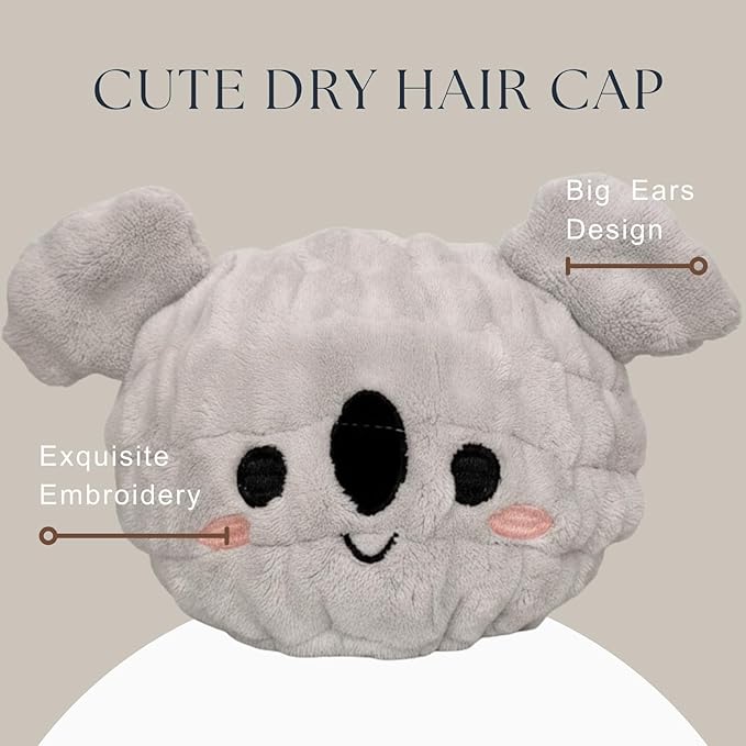 Microfiber Hair Towel Wrap for Kids, Koala Dry Hair Cap Suck Water, Absorbent Quick Girls Boys Hair Drying Towel, Lightweight Bouncy Hat Headscarf
