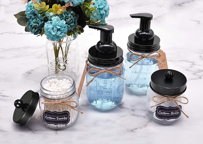 Amolliar Mason Jar Foaming Soap Dispenser Pump Lid, Refillable Plastic Pump, Rustproof Stainless Steel Lid for Regular Mouth Jar, Cute Farmhouse Decor, Hand Soap for Bathroom, Kitchen, Black 4 Pack