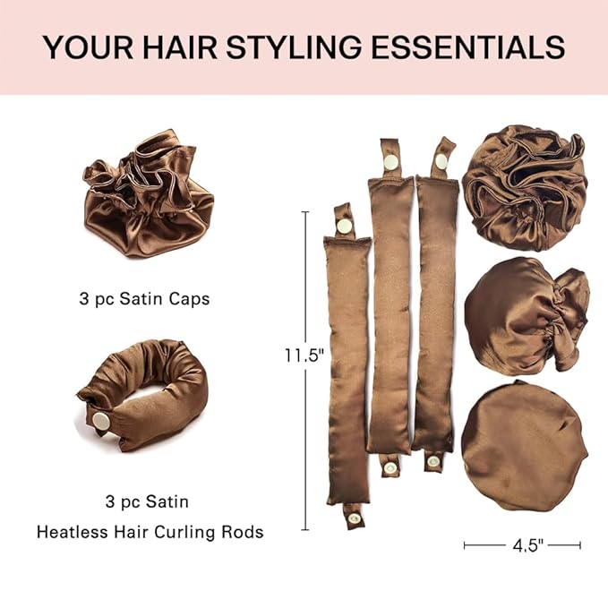 3Sets/6PCS Ariuvor New Satin Heatless Hair Curler,Hair Rollers for Heatless Curls with Hair Caps,Soft Heatless Curling Rod Headband for All Hair Types,No Heat Curling to Sleep in Overnight (brown)