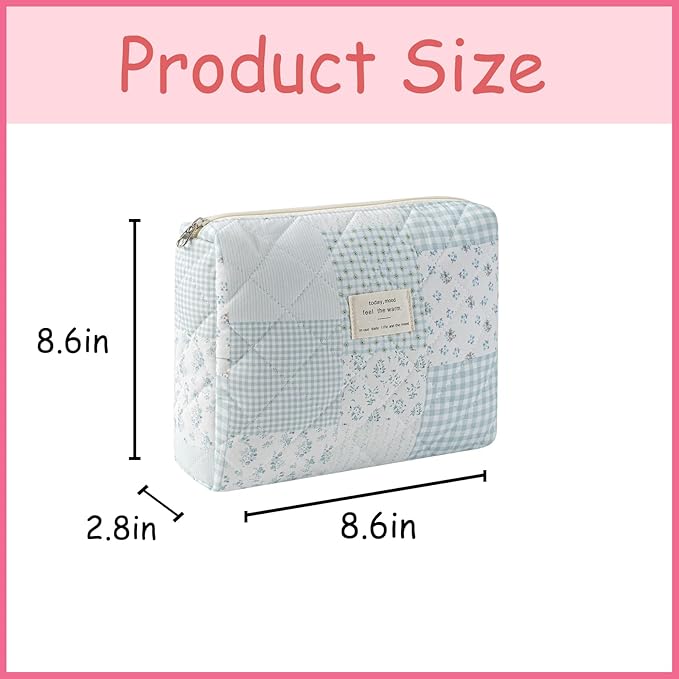 uekeboag Quilted Cotton Makeup Bag,Coquette Quilted Toiletry Bag for Women and Girls,Floral Coquette Pouch,Cute Kawaii Travel Cosmetic Bags(Blue Patchwork)