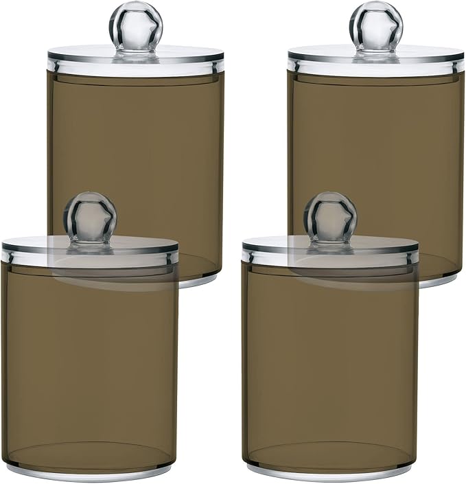 Tan Qtip Holder Organizer Dispenser Cotton Swabs Cans Plastic Jars with Lid Set 2 Pack Bathroom Storage Canister for Cotton Ball Floss Cotton Pads