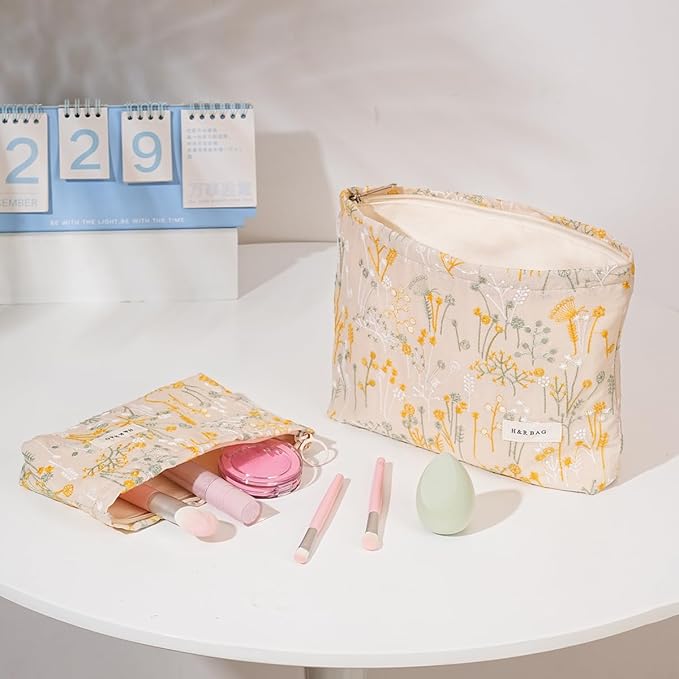 2 Pcs Makeup Bags, Large Cute Cosmetic Bag Travel Toiletry Bag Organizer for Women, Embroidery Craft Floral Makeup Bag Small Cosmetic Pouch Purse with Zipper （Dasiy Yellow）