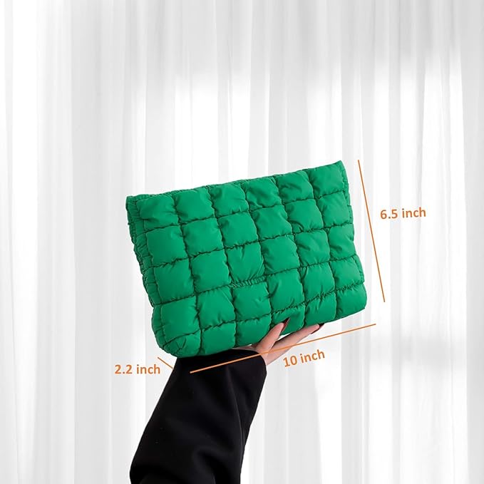 Puffy Quilted Makeup Bag for Women, Cosmetic Bag, Travel Toiletry Organizer Pouch Clutch (green)