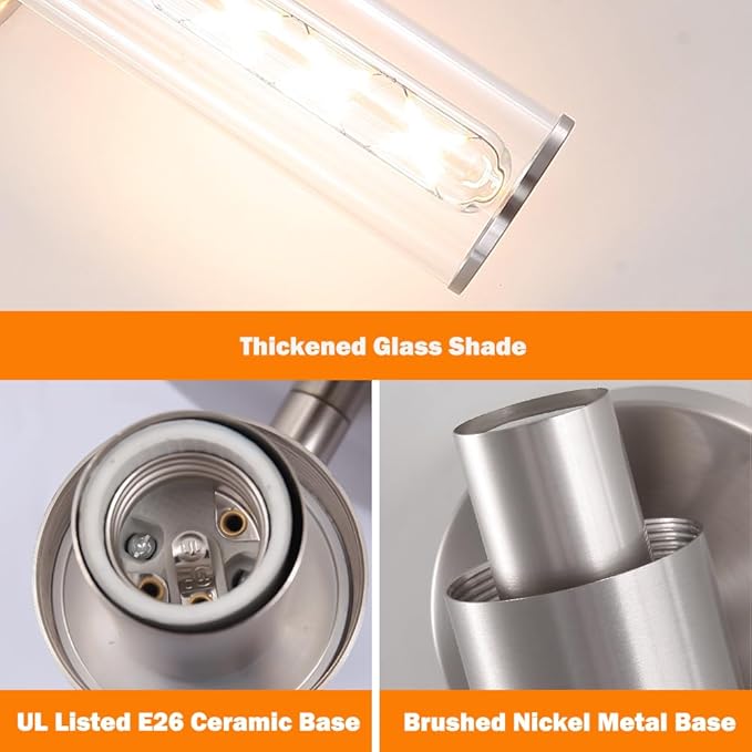 Brushed Nickel Bathroom Sconces Set of 2, Modern Wall Sconce Lighting with Clear Glass, Harded Wired Wall Sconces Set of Two, Wall Light Fixtures over Mirror, Sconces Wall Lighting for Laundry, Porch