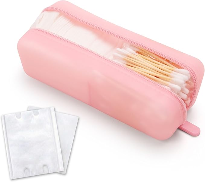 Cotton Pad Swab Travel Case – 2-in-1 Portable Waterproof Qtips Dispenser for Cotton Square Pad & Qtip, Floss, Bobbi Pin, Nail Kit, Hair Accessories Organizer TSA Compliance – VISFRESH (Pink)