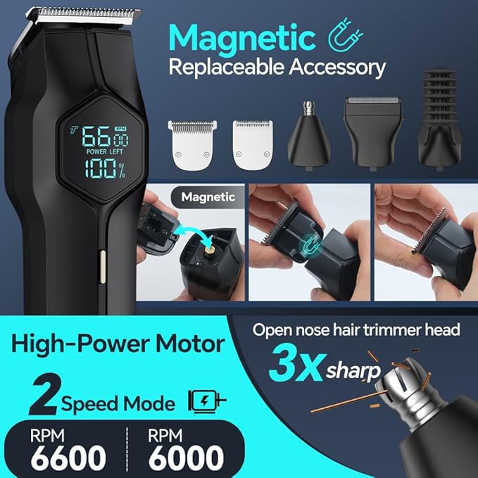 5-in-1 Electric Beard Trimmer Magnetic Replacement Heads, Professional Cordless Hair Clippers for Men Rechargeable, IPX7 Waterproof Grooming Kit for Face, Mustache, Body, Nose, Gifts for Men (Black)