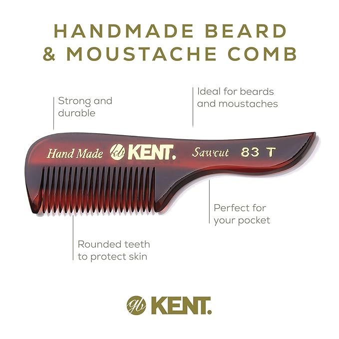 Kent 83T Small Gentleman's Beard and Mustache Pocket Comb, Fine Toothed Pocket Size for Facial Hair Grooming and Styling. Saw-cut of Quality Cellulose Acetate, Hand Polished. Hand-Made in England