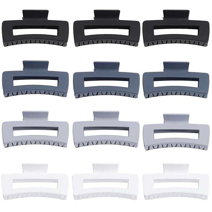 12 Pcs Large Hair Clips for Women, 4.2 Inch Square Claw Clips, Colorful Hair Claw Clips for Thick and Thin Hair, Bulk Hair Accessories for Women and Girls - Grey