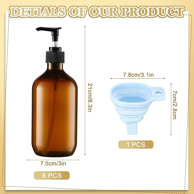 Sliner 6 Pcs Shampoo and Conditioner Dispenser Bottles 16.9 oz Plastic Shower Bottles with Pump and 1 Silicone Funnel Reusable Hand Soap Containers for Bathroom Shower(Amber)