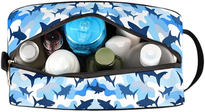 Shark Blue Camo Kids Toiletry Bag for Boys Girls, Cosmetic Makeup Bag with Handle, Travel Shaving Kit Organizer, Waterproof Portable Wash Bag for Gym Vacation Camping Sports