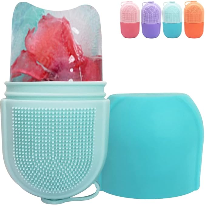 Reusable Cube Silicone Mold Ice Roller With Brush For Face Cold Therapy Facial Massage Roller (Blue)