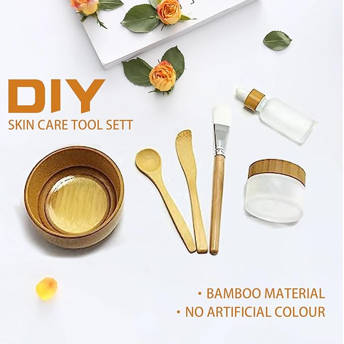 Face Mask Mixing Bowl Set Bamboo,7 Pcs DIY Facemask Mixing Tool Kit with Facial Mask Bowl,Spatula,Spoon,Brush,Empty Refilable Lotion Pump Bottle,Cream Jar and Dropper Bottle for Skincare