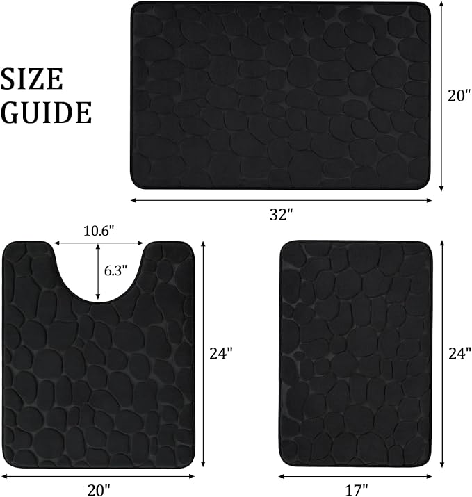 YIHOUSE Bathroom Rugs Mat Set 3 Piece Black, Memory Foam Bath Mats Sets, Non Slip Water Absorbent Washable Bath Rugs for Sink, Toilet and Floor