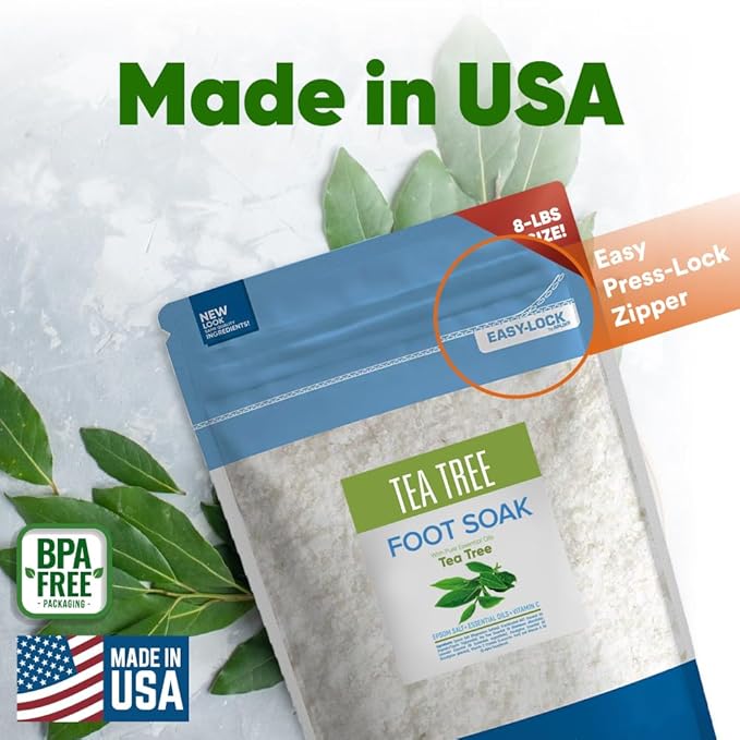 Tea Tree Foot Soak 128 Ounces (8 Lbs) Epsom Salt with Natural Scent Tea Tree and Lavender Pure Essential Oils Plus Vitamin C in BPA Free Pouch with Easy Press Lock Seal Made in USA