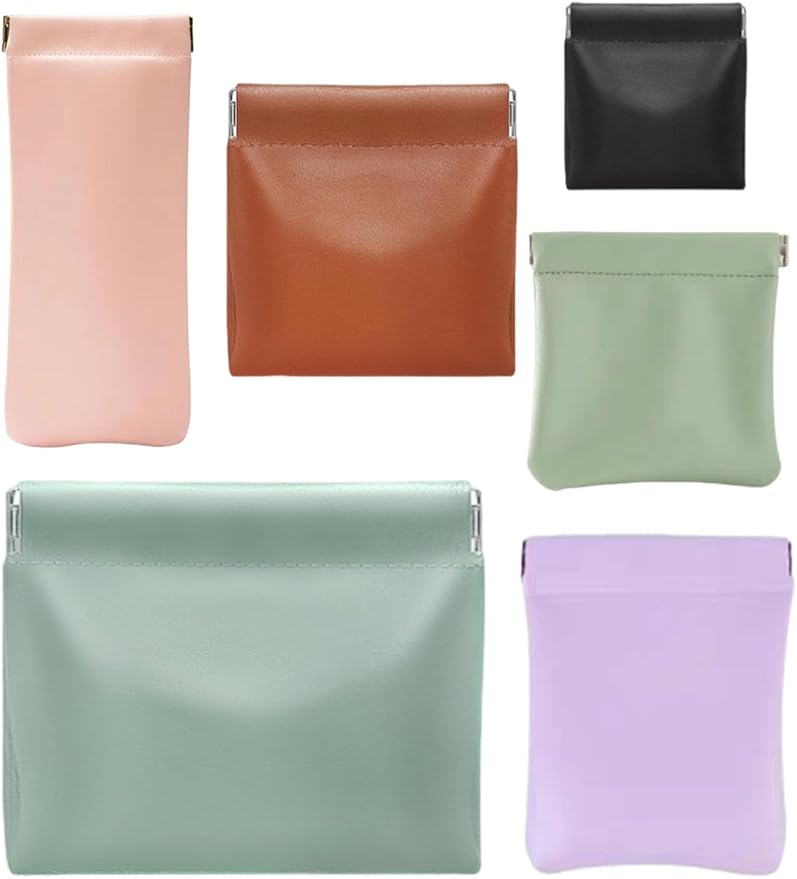6 Pcs Small Makeup Bag for Purse, Snap Closure Organizer Pouch, Portable No Zipper Self-Closing Pouches for Travel Storage Bag Mini Pu Leather Pouches For Cosmetics Headphones Jewelry (Mix colors)
