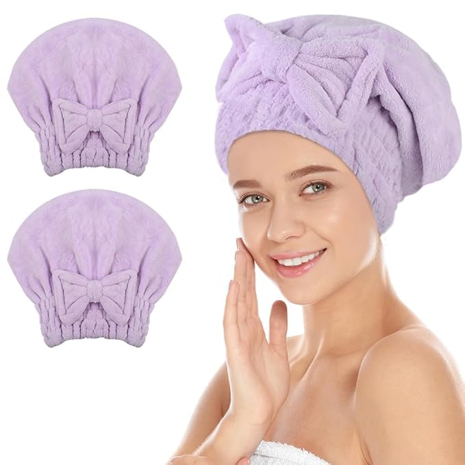 SUNLAND Large Microfiber Hair Drying Caps with Bow Knot Fast Drying Shower Cap Soft and Absorbent hairWrap Hair Turban Bath Caps for Curly Thick and Wet Hair