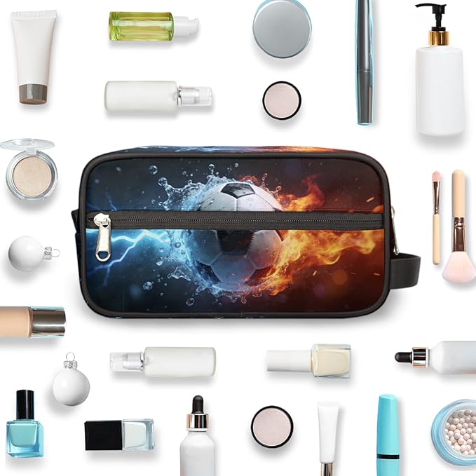 Fire Water Lightning Soccer Toiletry Bag for Men Women, Cosmetic Makeup Bag with Handle, Travel Shaving Kit Organizer, Waterproof Portable Wash Bag for Gym Vacation Camping Sports