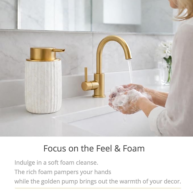 2 Pack Speckled Matte White Ceramic Foam Soap Dispenser, 12 oz Refillable Pump with Golden Top, Elegant Foaming Dispenser for Bathroom or Kitchen, Speckled White