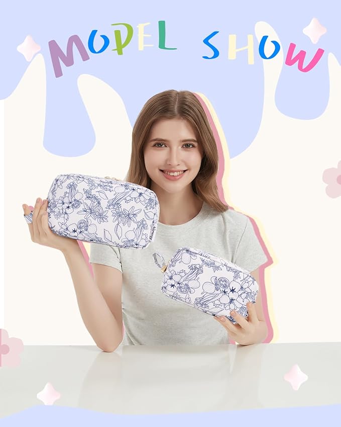 Narwey Small Makeup Bag for Purse Travel Makeup Pouch Mini Cosmetic Bag Zipper Pouch for Women (Little Navy Blue Flower, Small)