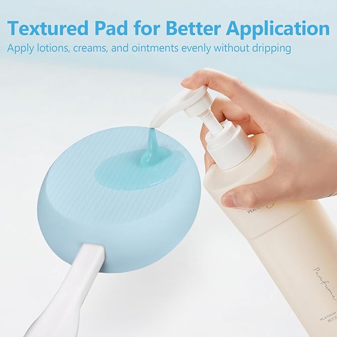 19" Long White Handle Back Lotion Applicator with Blue Non-Slip Grip & 3 Washable Blue Pads, Suitable for Sunscreen, Tanning & Moisturizers, for All Ages