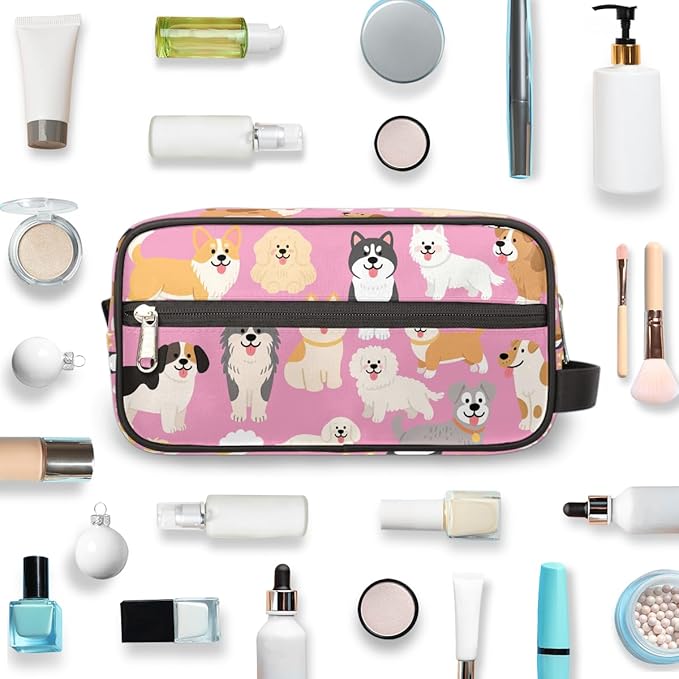 Cartoon Cute Dogs Pattern Kids Toiletry Bag for Boys Girls, Cosmetic Makeup Bag with Handle, Travel Shaving Kit Organizer, Waterproof Portable Wash Bag for Gym Vacation Camping Sports