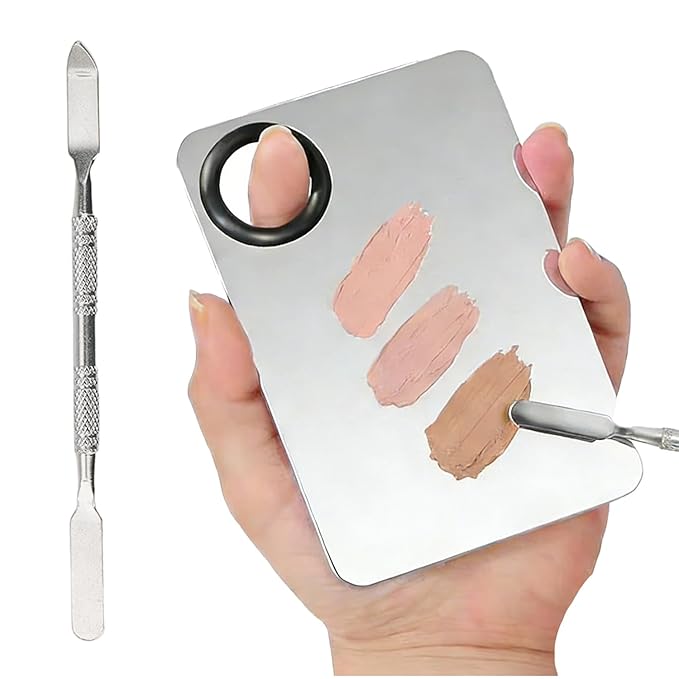 Professional Stainless Steel Makeup Palette with Spatula Tool, Cosmetic Mixing Palette for Nail Art Eye Shadow Pigment Blending