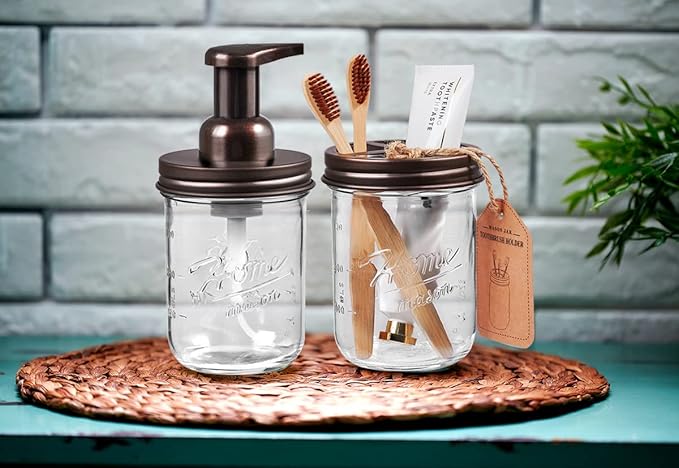 SheeChung Mason Jar Foaming Soap Dispenser, Glass Foaming Hand Soap Dispensers, Stainless Steel Lid, Refillable Foam Soap Dispenser for Bathroom Kitchen, Farmhouse Bathroom Decor (1 Pack, Bronze)