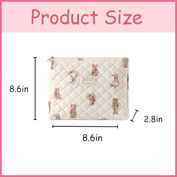 uekeboag Quilted Cotton Makeup Bag,Coquette Quilted Toiletry Bag for Women and Girls,Floral Coquette Pouch,Cute Kawaii Travel Cosmetic Bags(White Bear)