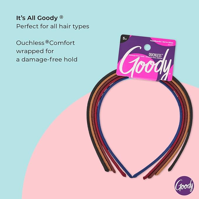GOODY Ouchless Shoestring Headbands, 5 Ct, Assorted Colors, Stylish & Lightweight Thin, Damage-Free Fabric Headbands for Women & Men, All-Day Comfort, For All Occasions, All Hair Types (Pack of 2)