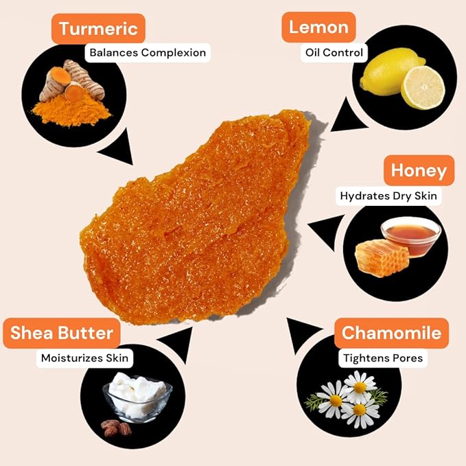 Minimo Glow Turmeric Face Scrub (Lemon Cake) With Heart Applicator - Infused with Turmeric, Manuka Honey, Cinnamon, and Chamomile - Face Scrub for All Skin Types - Achieve Healthy Skin