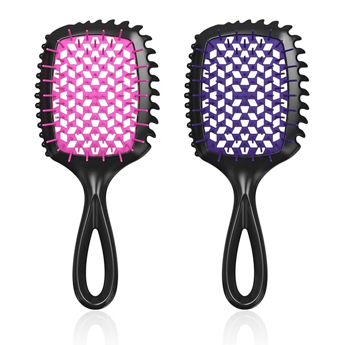 Detangler Brush – 2 Pack Vented Hair Brush for Wet/Dry Hair – Easy, Pain-Free Detangler Brush Reduces Knots & Breakage – For Curly, Straight, Thick or Fine Hair – Women, Men & Kids (Pink+Purple)