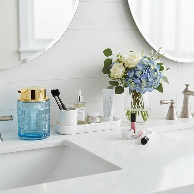 Foaming Soap Dispenser, Blue Glass Foam Soap Dispenser for Bathroom and Kitchen, 10 Oz Refillable Foaming Pump Bottle with Large Pump, Ribbed Bottle Container Decor